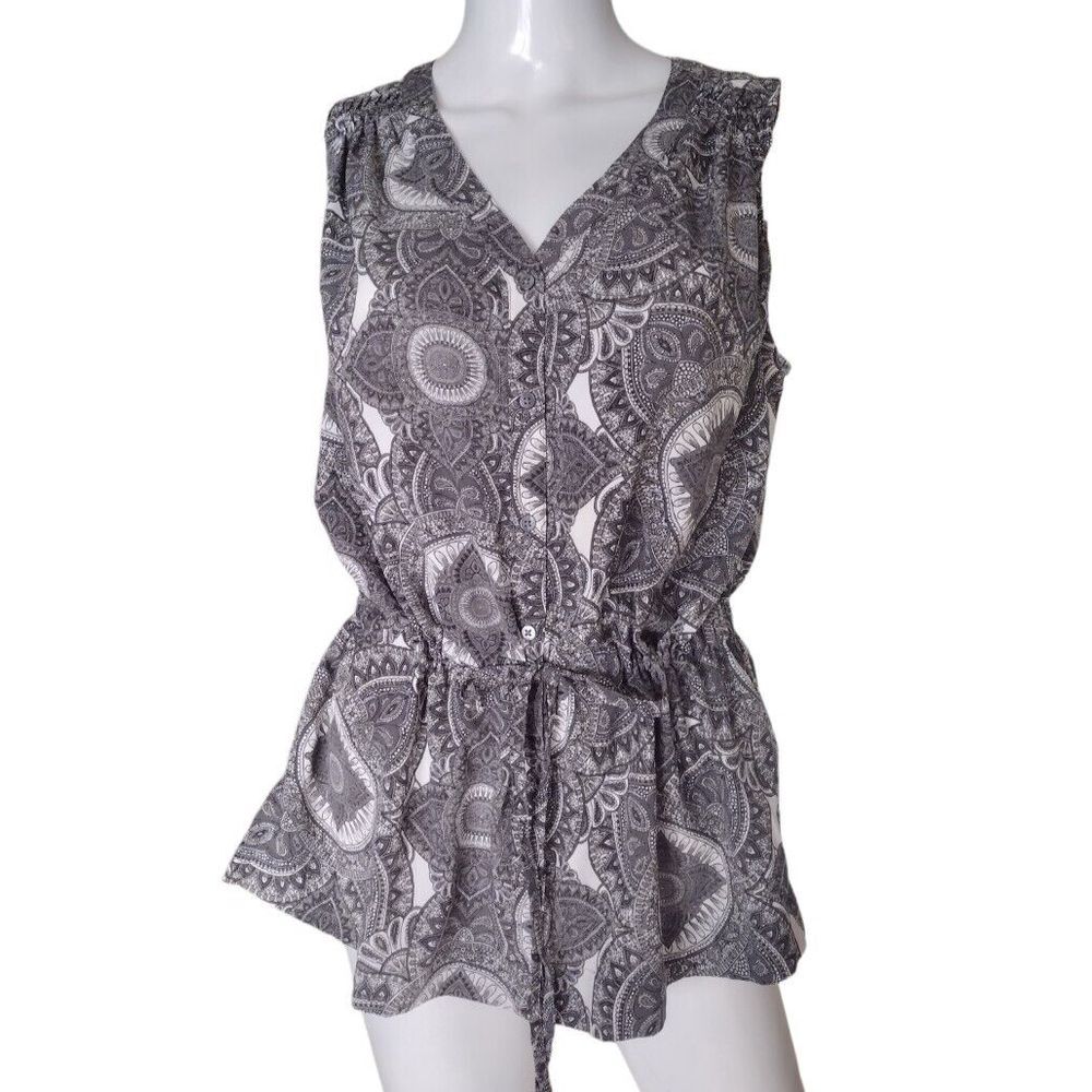 Banana Republic Blouse Women M Black White Paisley Floral Lightweight Tunic Boho